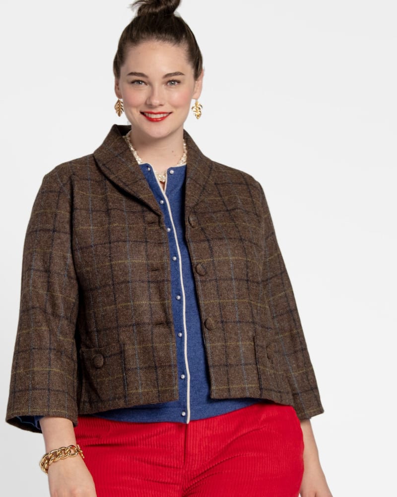 Front of a model wearing a size XL Finley Blazer Wool Plaid in Taupe by Frances Valentine. | dia_product_style_image_id:242798